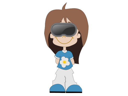 만화 소녀 Wearing the Virtual Reality Headset 과 Holdings Flower