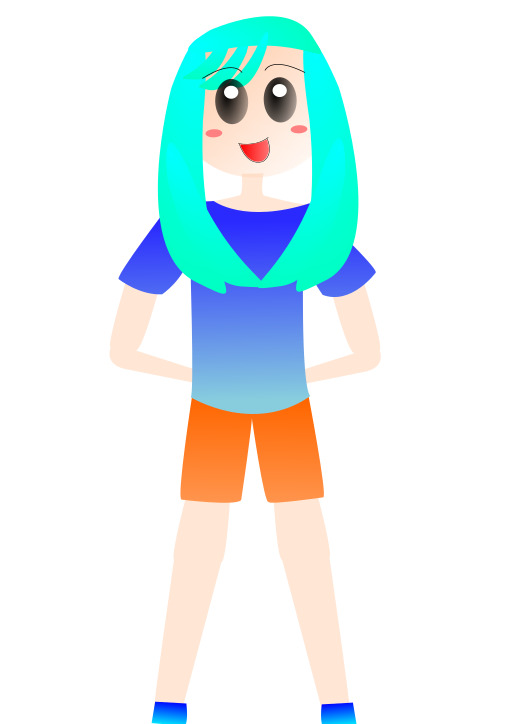 만화 소녀 와 Blue Hair 과 Orange Shorts Holdings 휴대폰