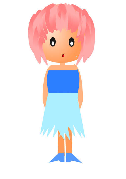 Cartoon Girl with Pink Hair and Blue Dress Standing in Front of a White Background