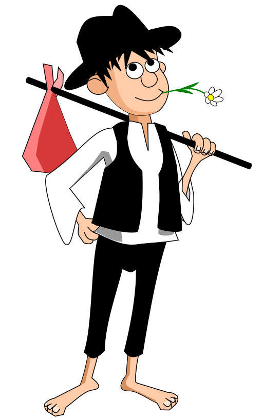 A Cartoon Boy Holding A Stick And A Red Bag