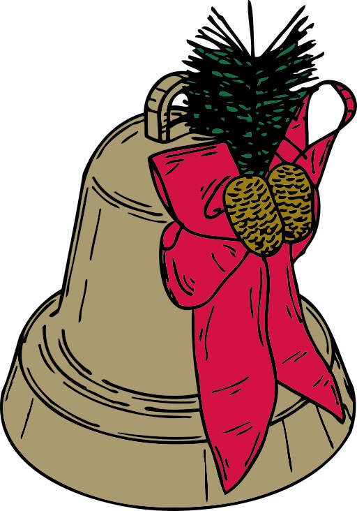 cartoon of a bell with a red bow and pineconut on top
