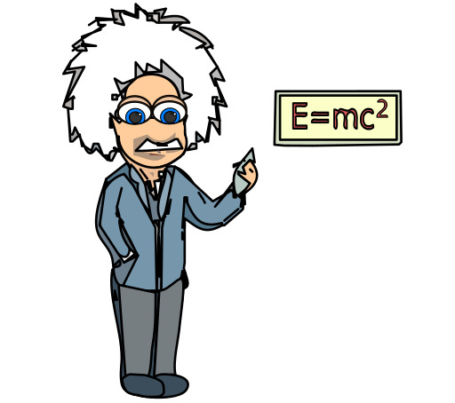 E = Mc2라는 표지판을 들고 있는 만화 과학자