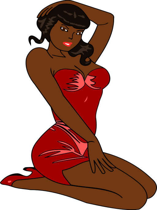 cartoon of a woman in a red dress sitting on the floor