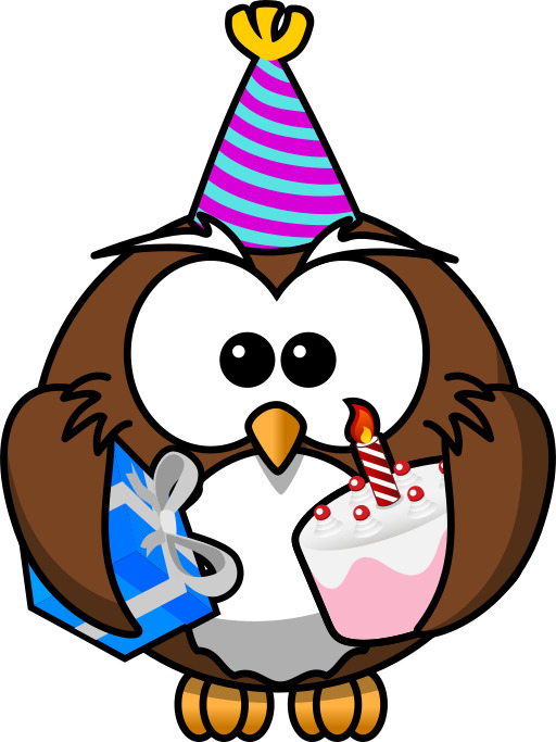 카툰 올빼미와 생일 모자 컵케이크와 생일 케이크