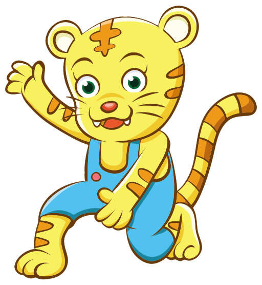 cartoon tiger with a cross on its chest and a blue overalls
