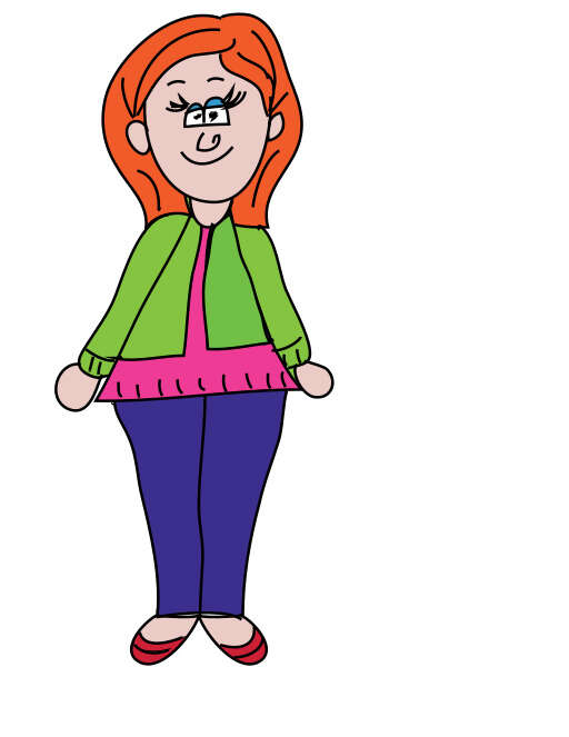Cartoon Woman with Red Hair and Glasses Standing in Front of a White Background