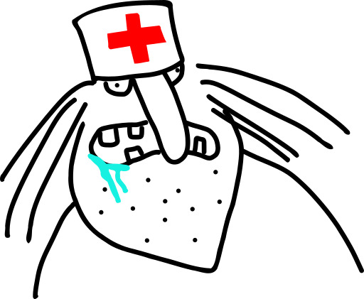 그의 머리에 붕대와 만화 간호사의 그림