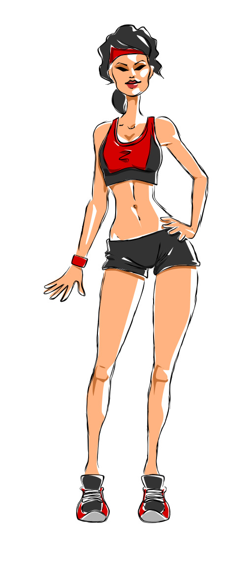 red top black shorts 차림의 여성