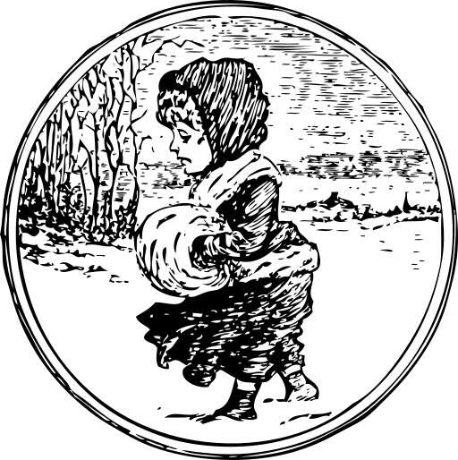 black and white drawing of a woman carrying a baby