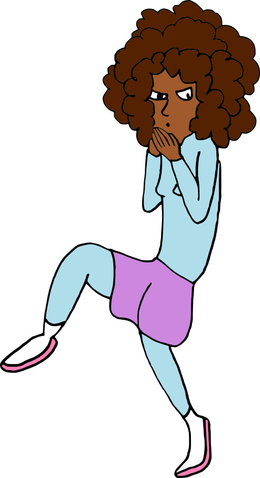 여성 In A Blue Shirt And Purple Shorts Is Sitting On Her Knees