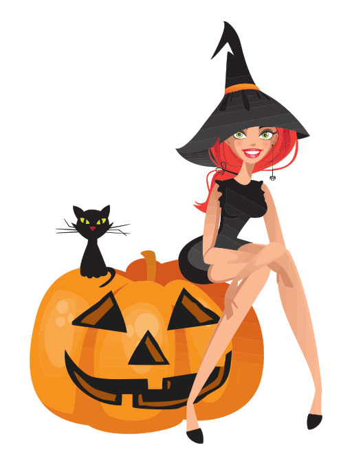 여성 In A Witch Costume Sitting On A Pumpkin