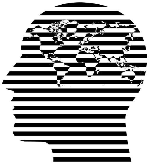 Black And White Silhouette Of A ManS Head With A Map Of The World In The Middle