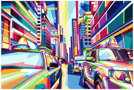Colorful Cityscar With Buildings And Cars In The Background