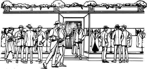 Black And White People Standing Outside Of A Building
