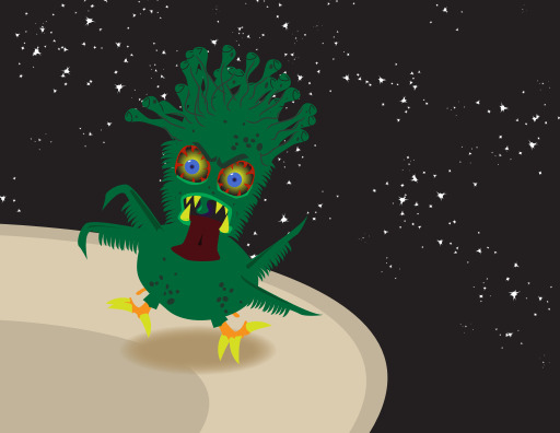 그린 몬스터 With A Big Grin On Its Head, Standing In The Middle Of A Desert