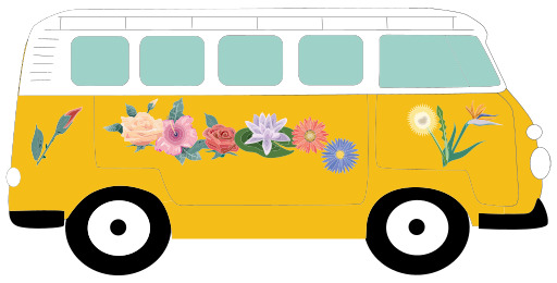 flowers 위의 side이 있는 노란색 van
