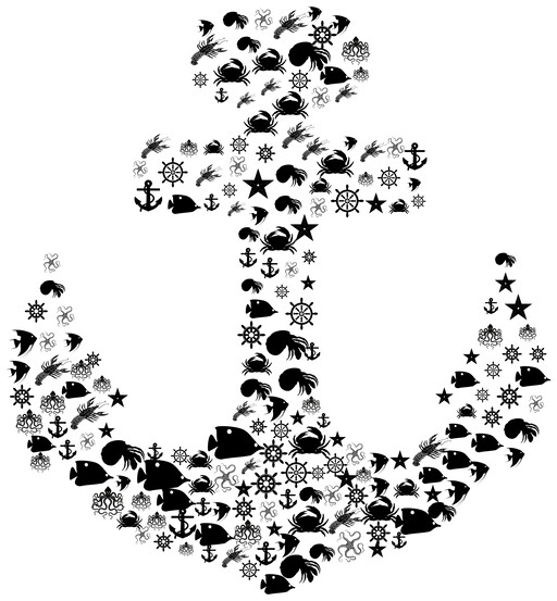 A 검정 과 화이트 silhouette 의 닻 와 물고기 과 starfishs(1)
