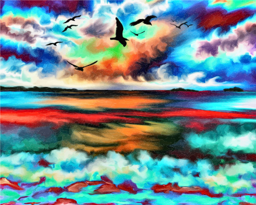 seaguls 나는 안의 하늘이 있는 seascape