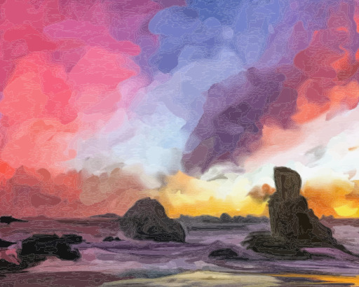 A Sunset 위에 The Ocean 와 Rocks 에 The 거대한