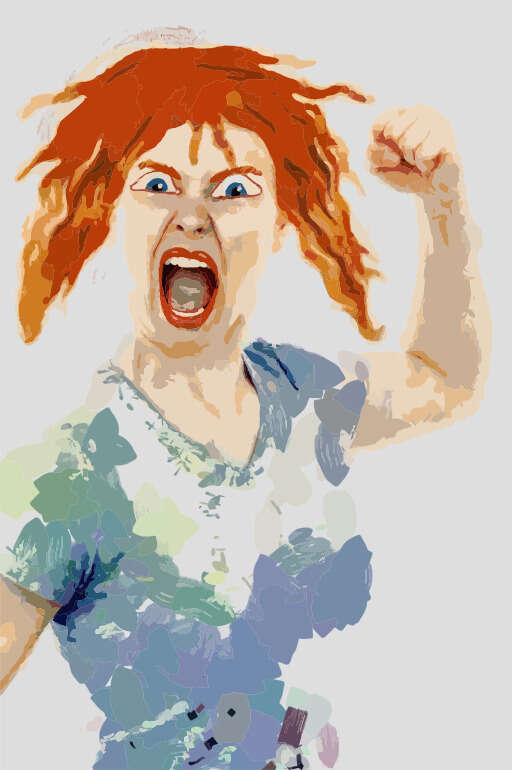 Painting of a woman holding a cell phone up to her ear