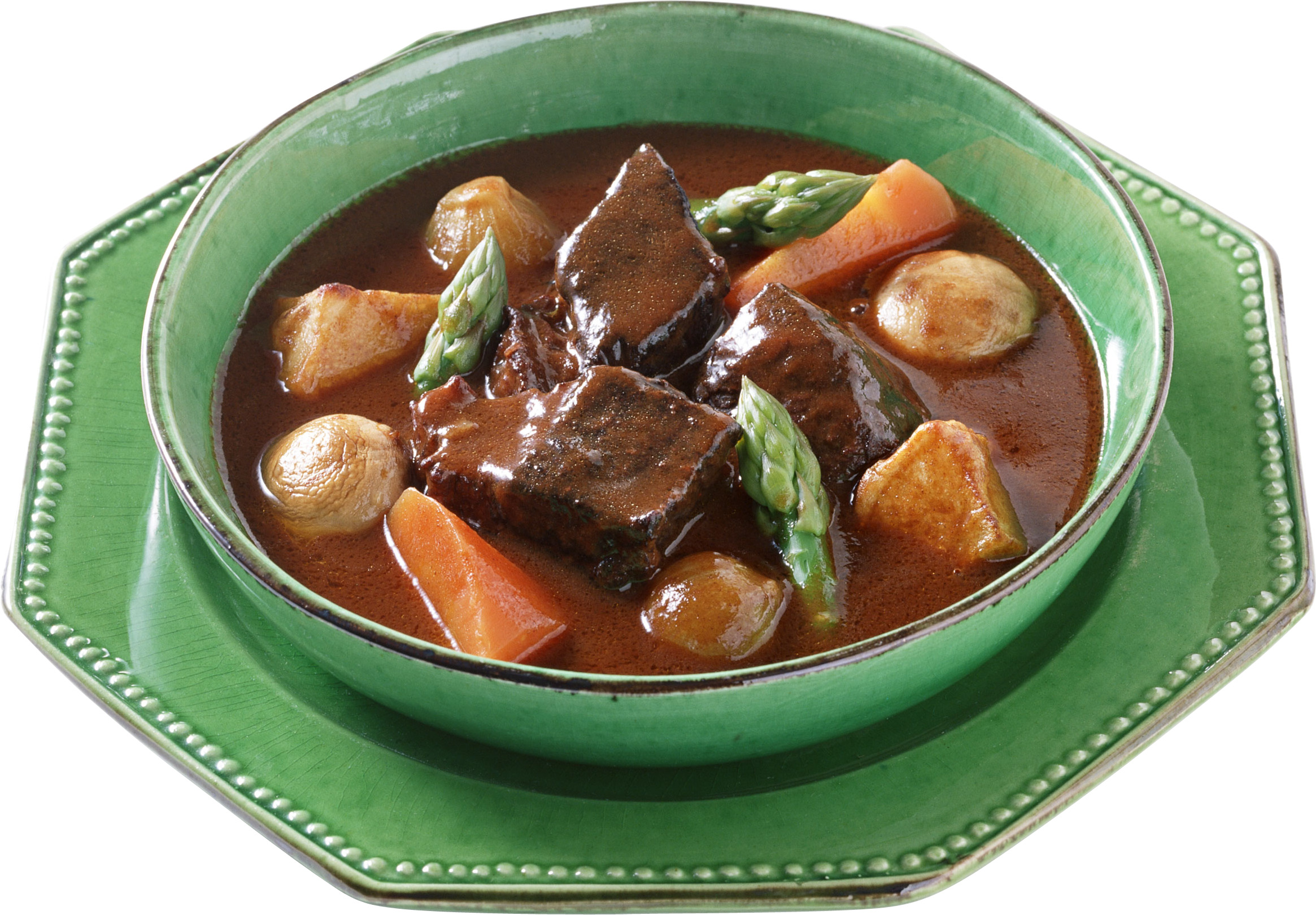 그릇 beef stew 함께 asparagus 와 potatoes