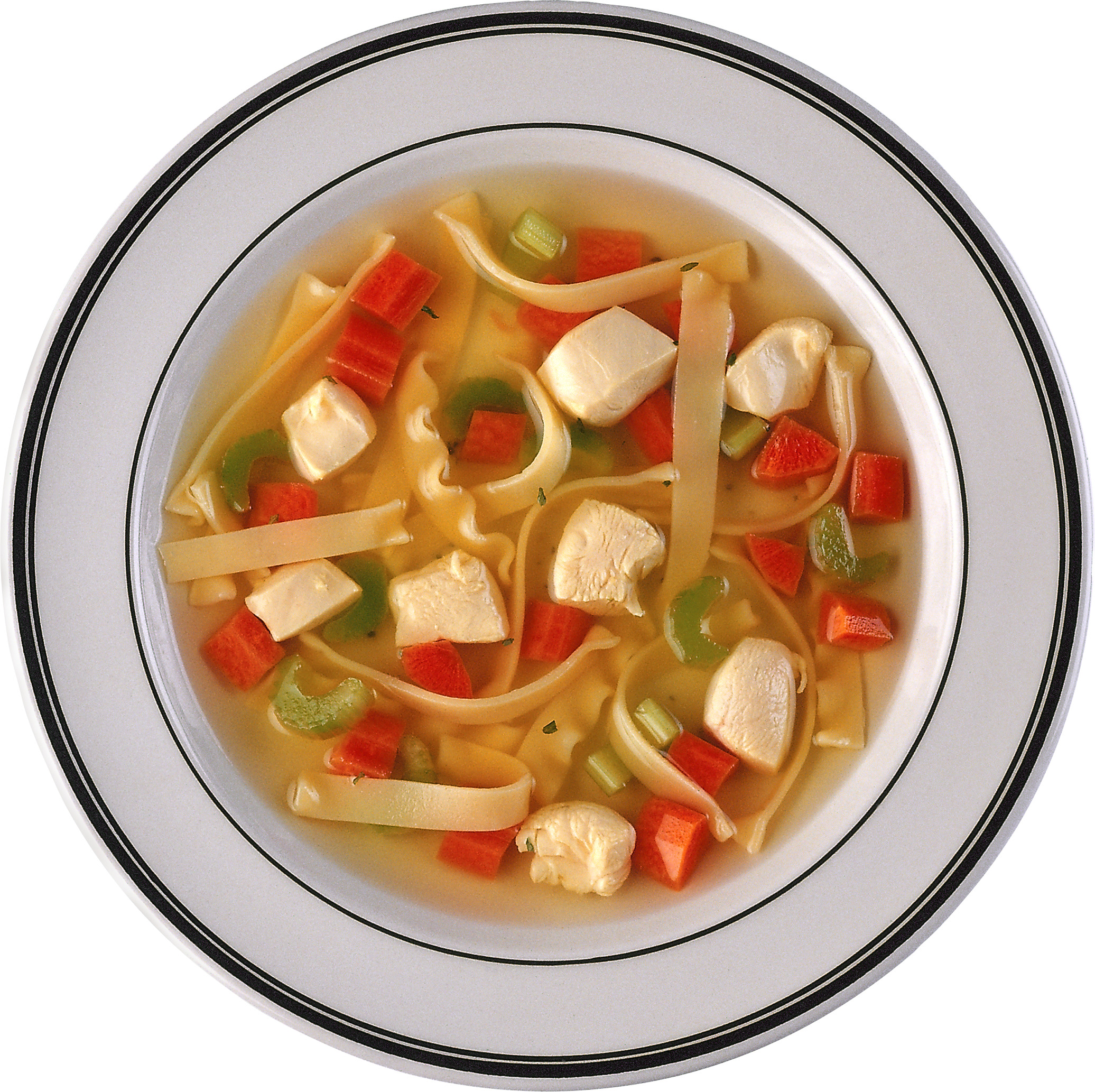 흰색 plate 위의 그릇 chicken noodle soup