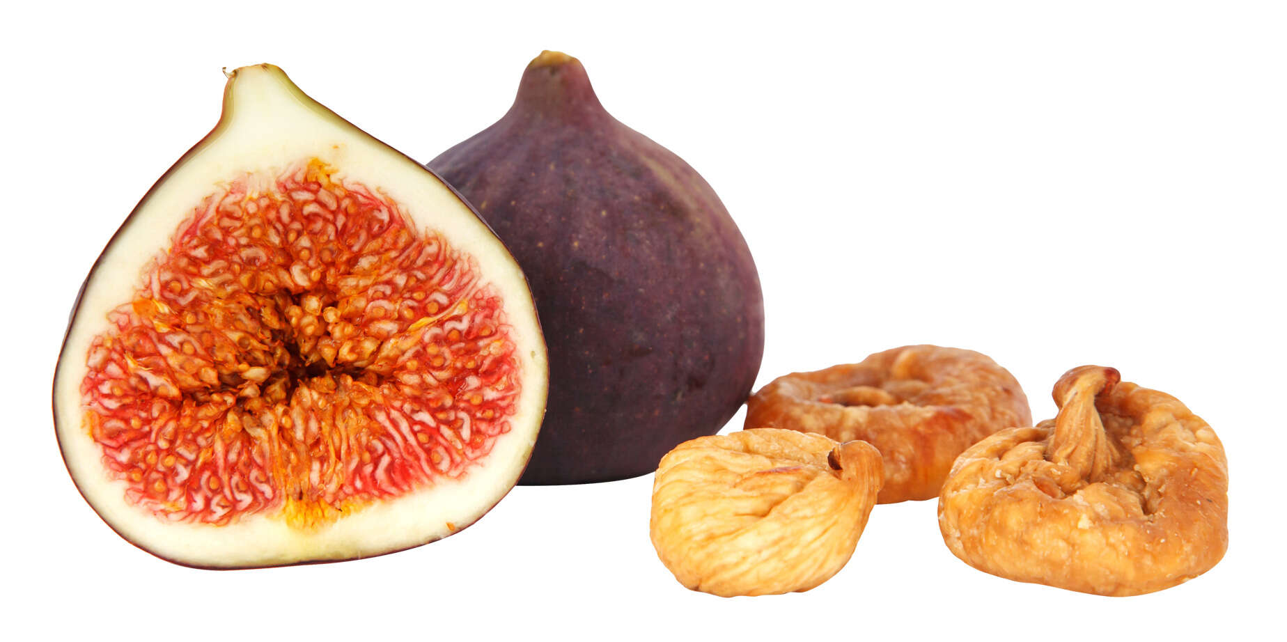 Fig and walnuts next to each other on a white background