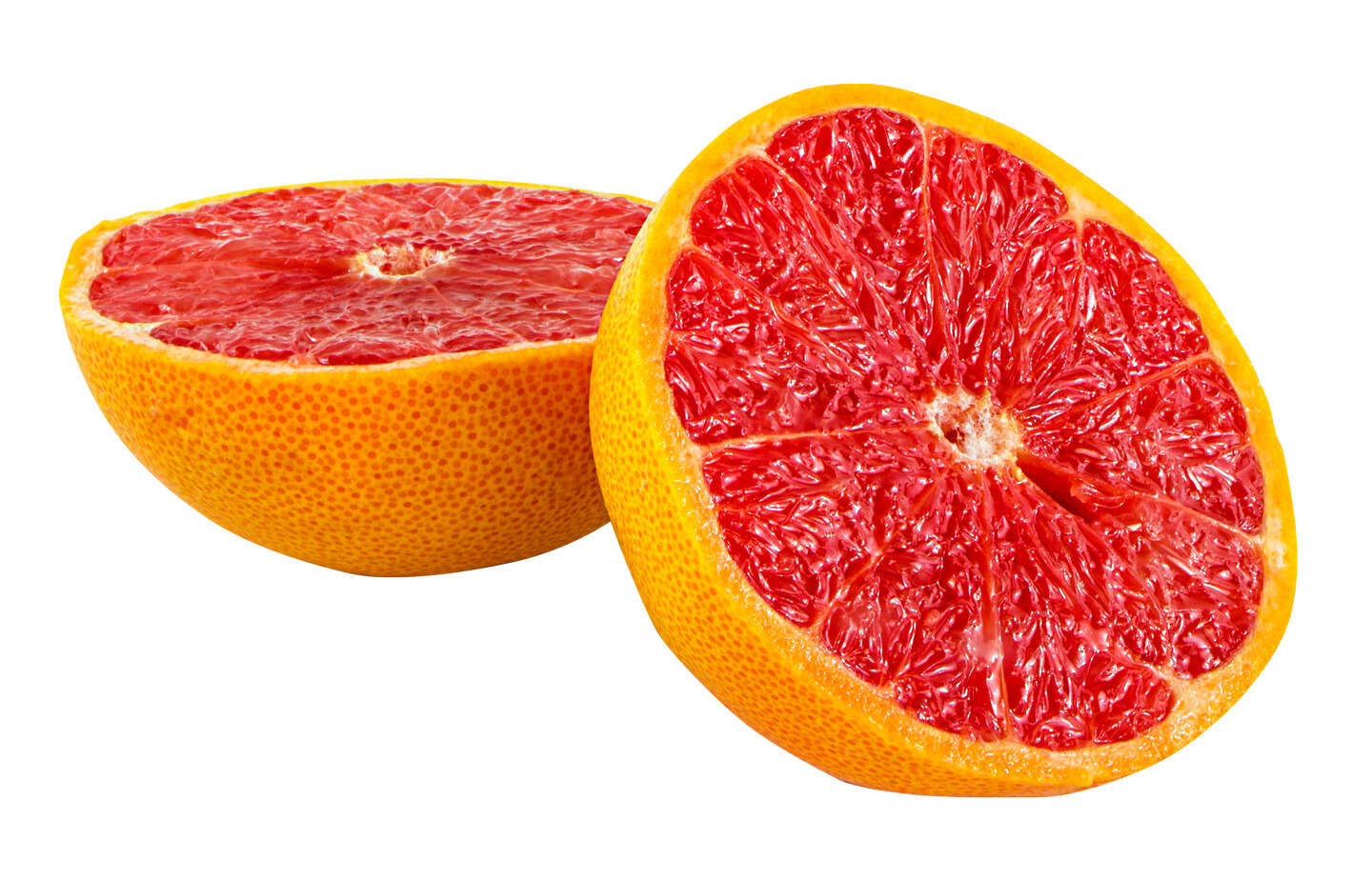 Two halves of a grapefruit next to each other
