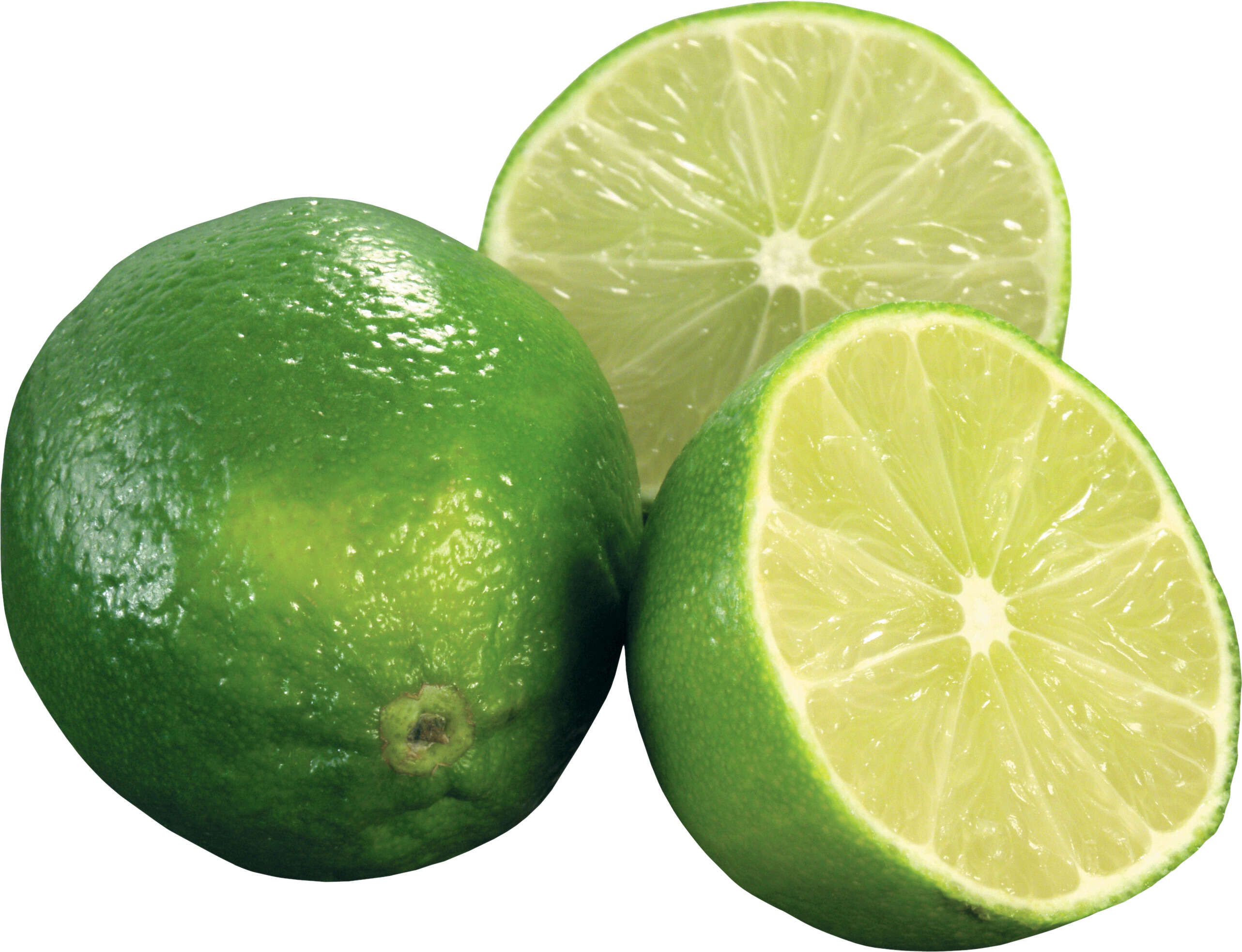 Two limes that are next to each other on a white surface