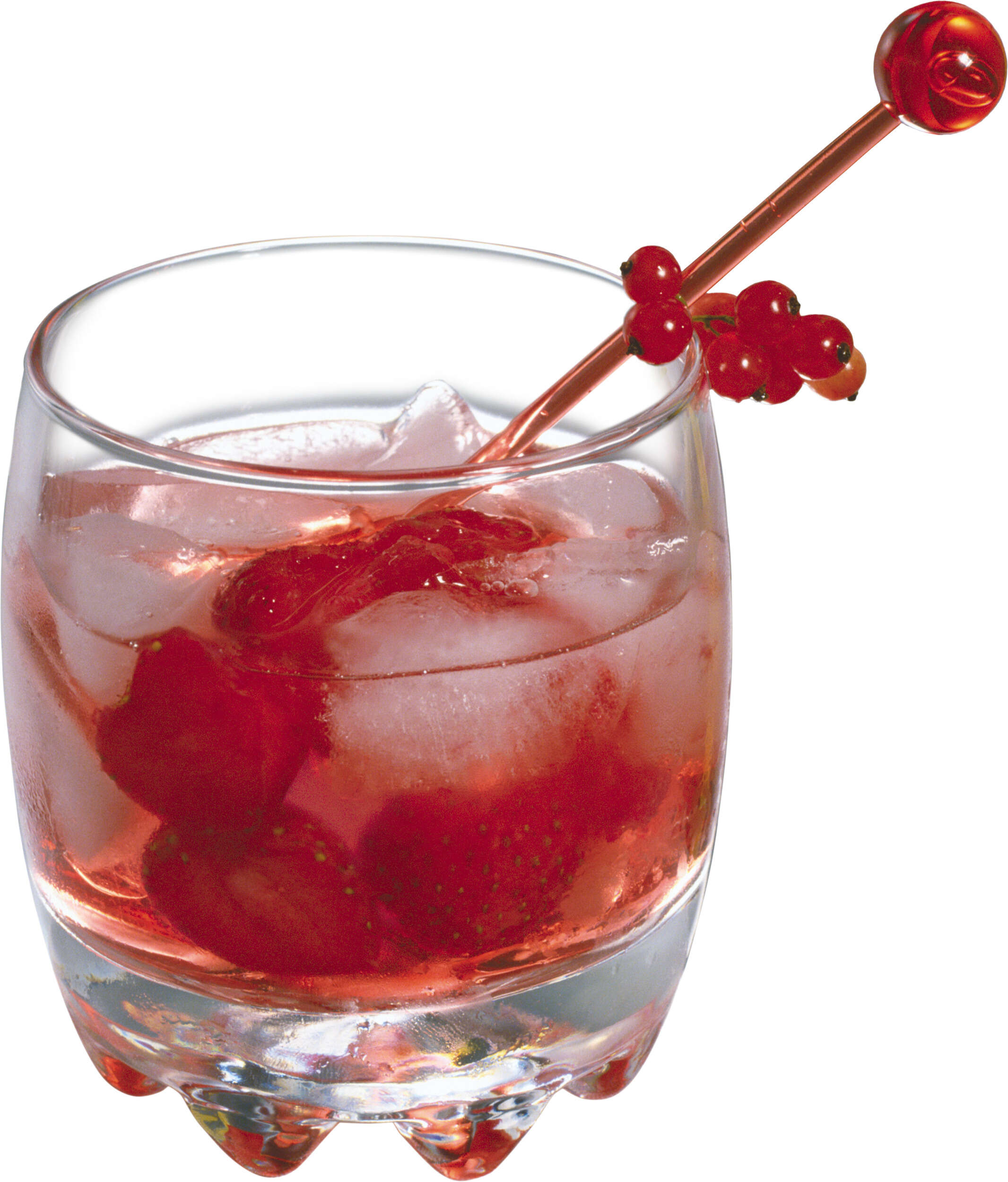 Glass with a drink and a red berry garnish on it