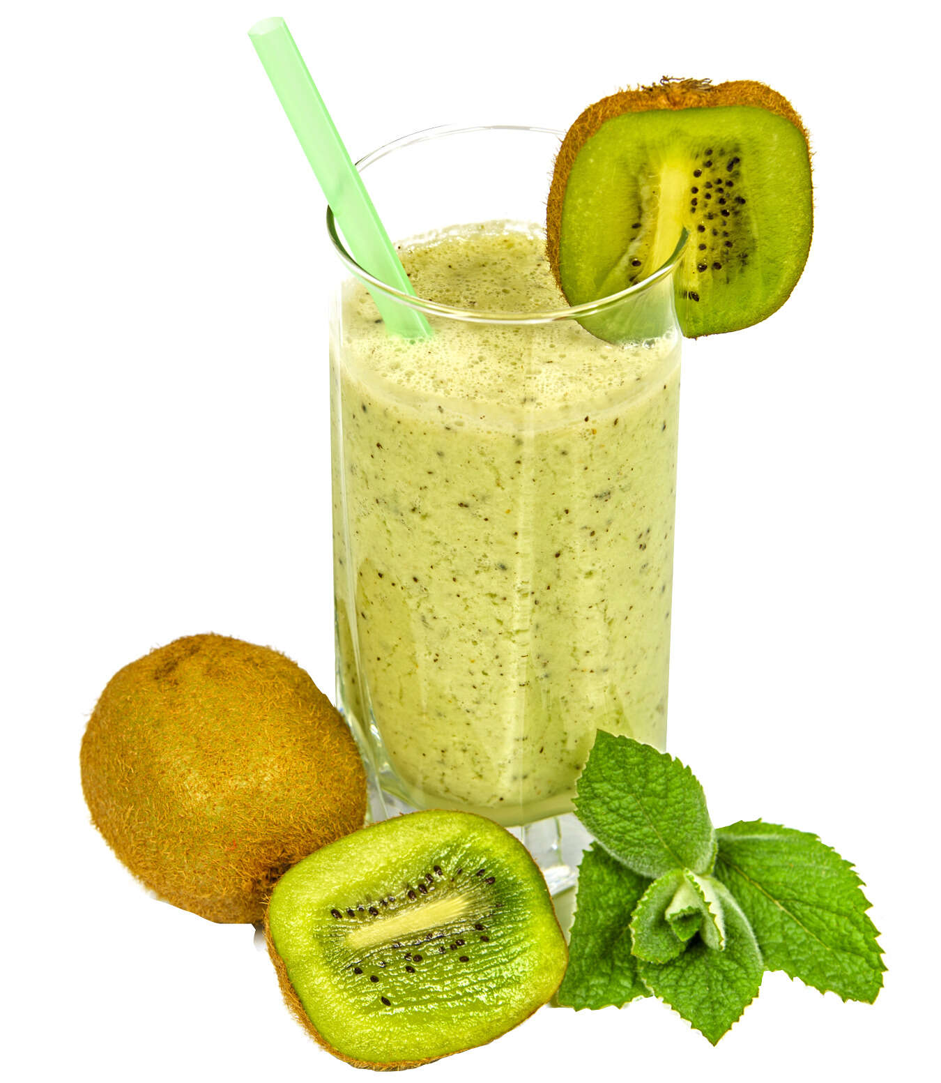 Kiwi drink in a tall glass with a straw and a slice of kiwi next to it