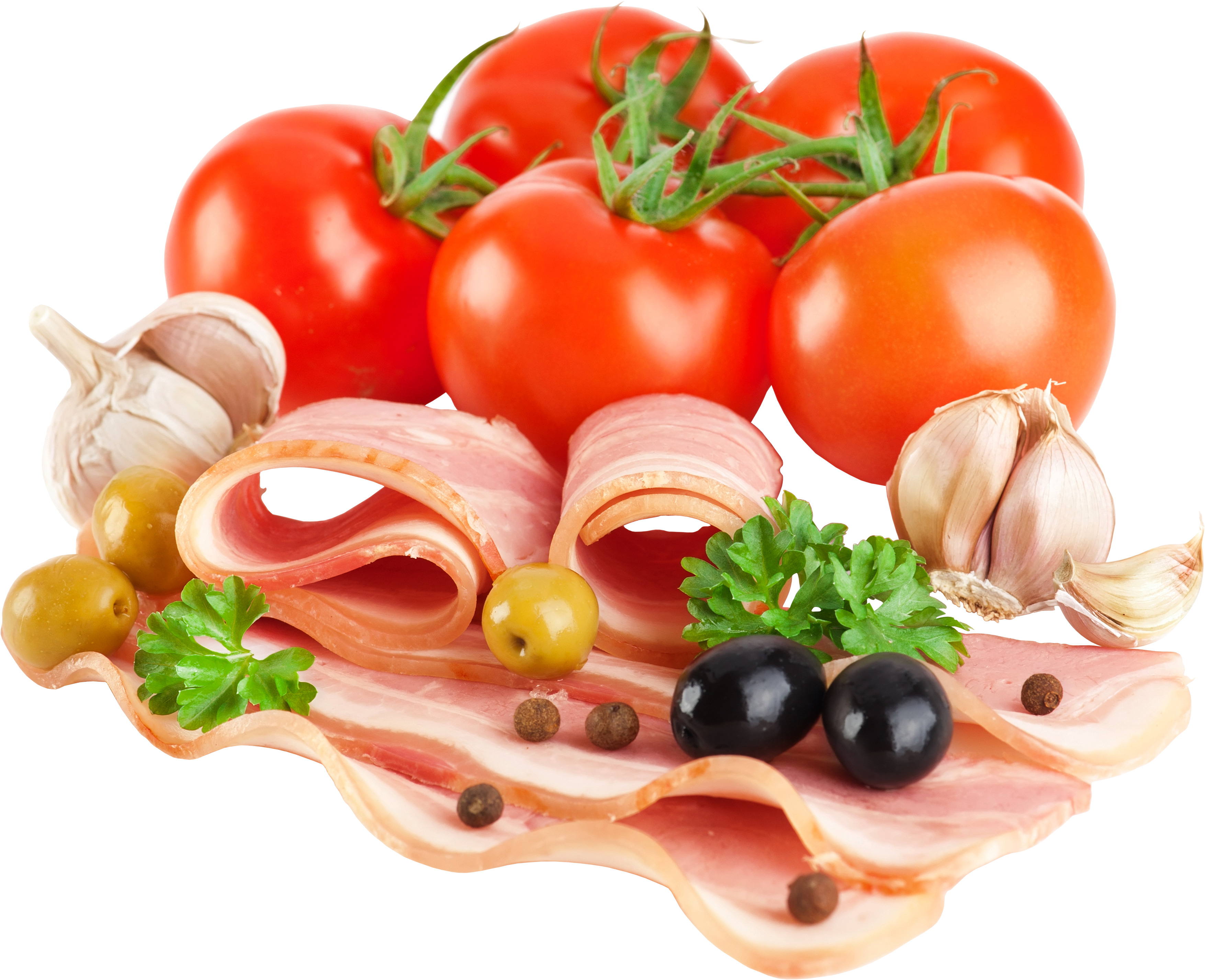 bacon tomatoes onions 와 olives