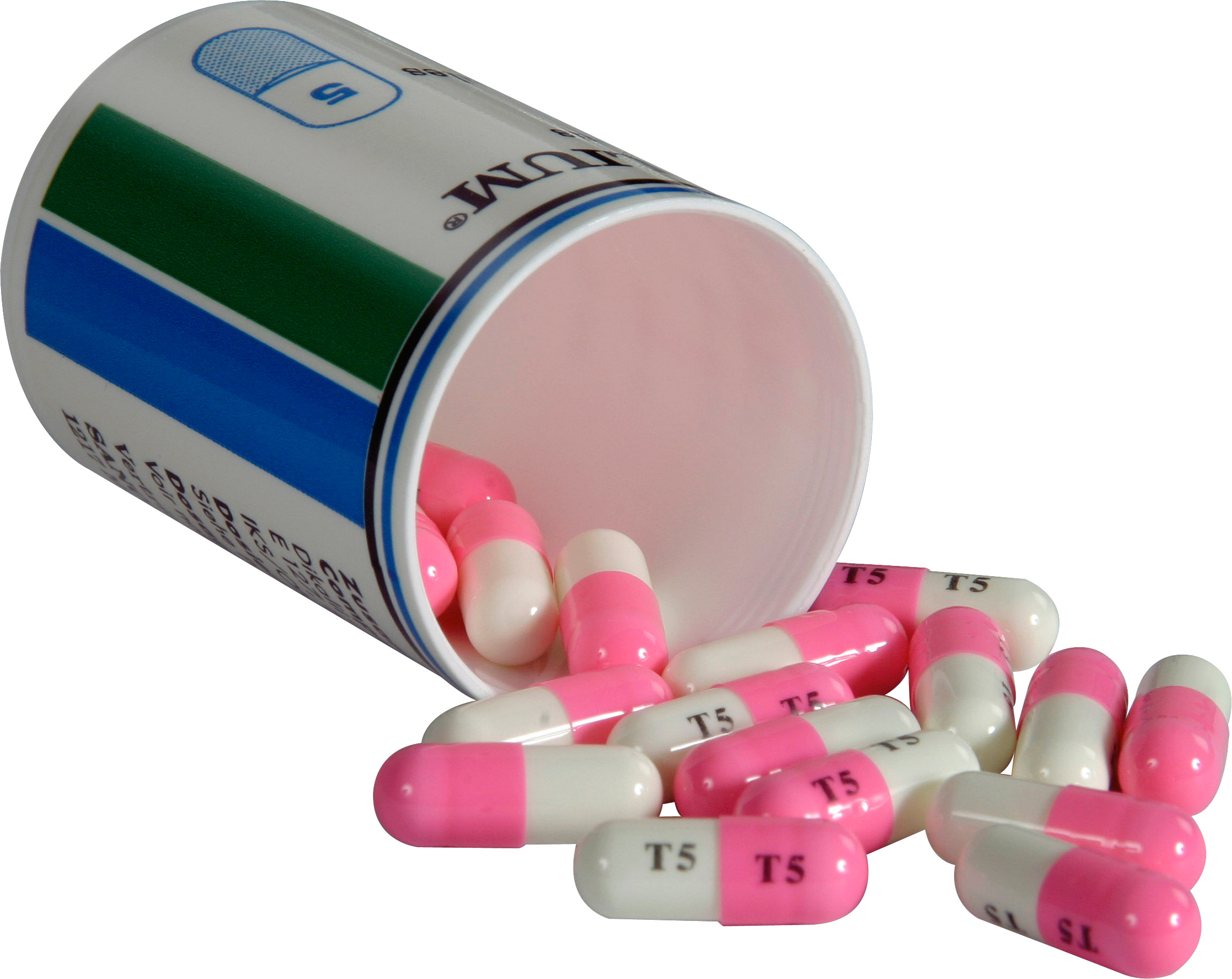 분홍색 와 흰색 pills spilling out canister