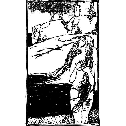 A Black And White Woodcut Depicting A Woman In A Landscape