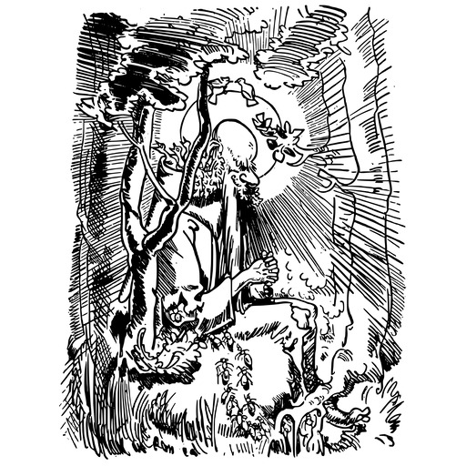 A Woodcut Depicting A 사람 승마 A 말