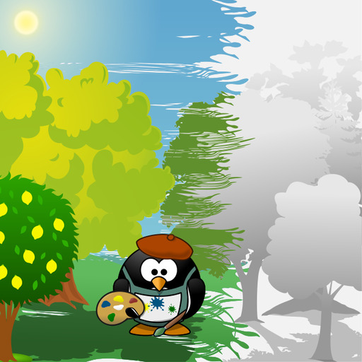 만화 Penguin 회화 A 나무