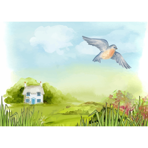 A Rural 장면 와 a 새 Flying 위에 a 집