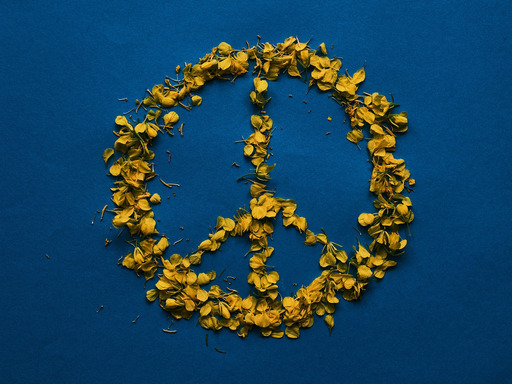 파란색 배경 위의 peace sign made out 꽃