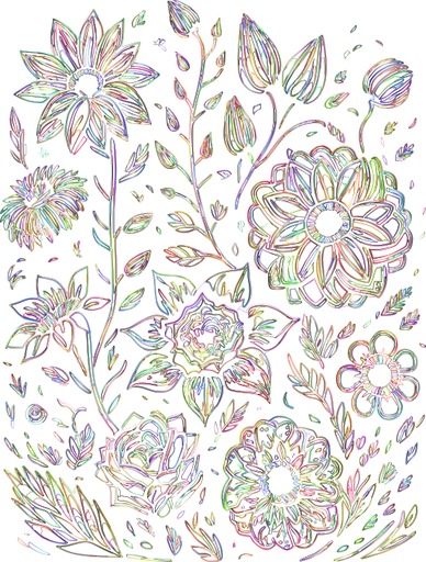 흰색 배경 위의 다색 연필이 있는 꽃과 잎의 그림