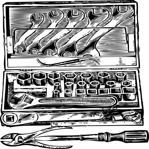 Set 의 Tools 안의 A Wooden Box, 빈티지 선 Drawing 또는 Engraving 일러스트레이션