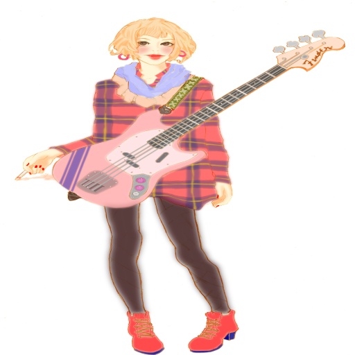 분홍색 bass guitar이 있는 girl
