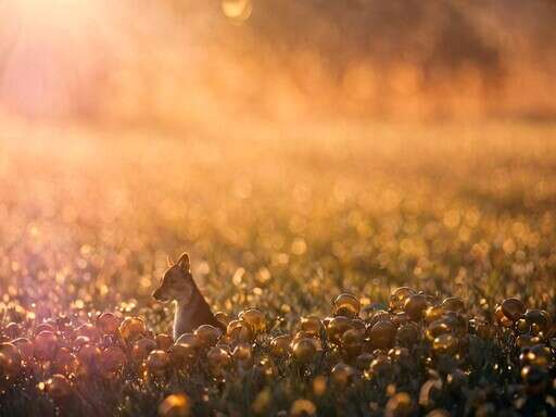 a Cat Sitting in a Field of Pumpkins on a Sunny Day
