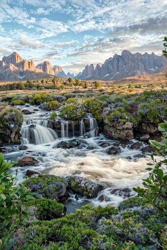 a Small Waterfall in the Middle of a Lush Green Field