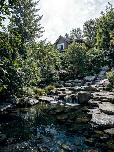 a Small Waterfall in the Middle of a Pond with a House in the Background