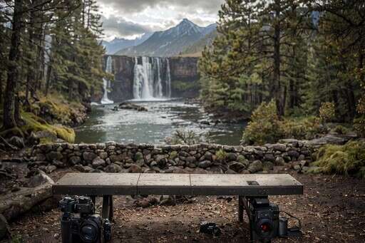 an Image of a Bench Overlooking a Waterfall in the Woods