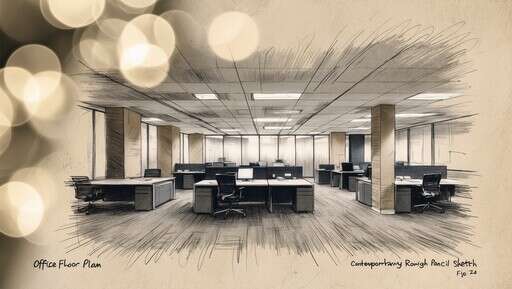 a Drawing of an Office with a Lot of Desks 5