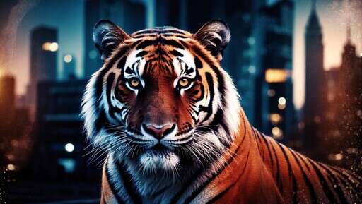 a Tiger Standing in the Middle of a City at Night 2