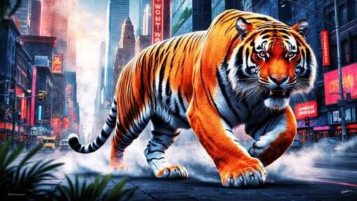 a Tiger That Is Walking in the Middle of the Street