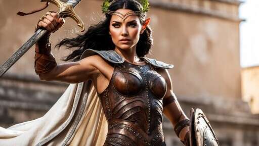 a Woman Dressed As a Warrior Holding a Sword and Shield 2