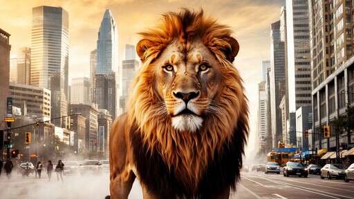 an Image of a Lion Walking Down a City Street 2